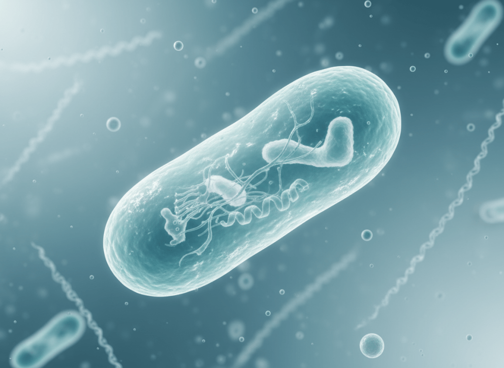 A highly detailed macro shot of a single, digitally rendered microbe floating in a clear fluid, designed to look scientific yet grounded in reality: a smooth, oval-shaped cell with semi-transparent teal and cyan membranes, subtle surface textures, and faint internal protein structures. Surrounding particles and faint strands of DNA-like helices are softly blurred in the background, giving a sense of microscopic depth. The lighting is soft and directional from the upper left, creating gentle highlights along the cell’s contour and a luminous inner glow. The color palette is cool and professional, dominated by blues, teals, and whites. Shot as if through a high-end microscope with shallow depth of field, the mood is visionary, precise, and slightly futuristic, ideal for visualizing engineered microbes for industrial biotech, agriculture, and pharma applications.