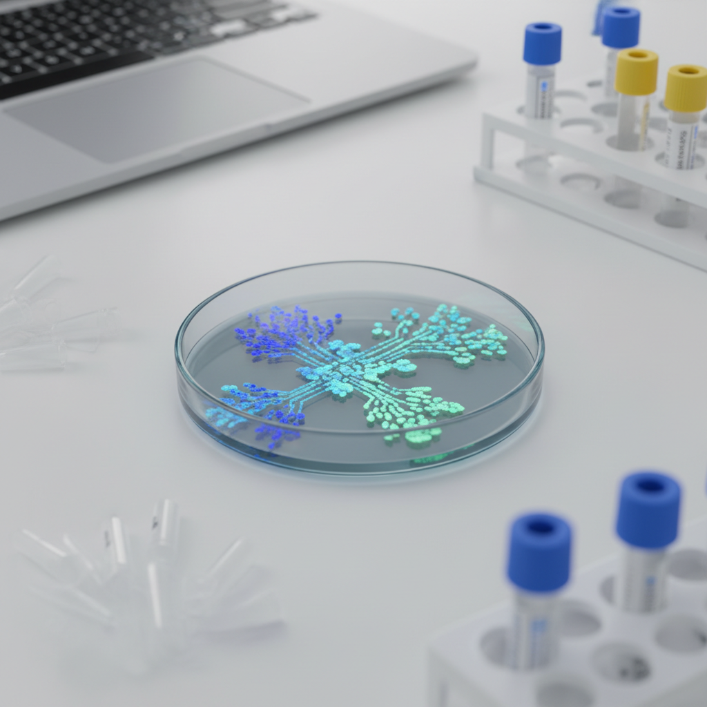A close-up of a crystal-clear petri dish resting on a matte white lab bench, containing a structured pattern of softly glowing engineered microbial colonies in blues, teals, and soft greens, forming a subtle abstract circuit-like design. Around the dish lie blurred pipette tips, a small rack of labeled microtubes, and the edge of a sleek laptop. Cool, even laboratory lighting creates minimal shadows and emphasizes the glassy surfaces and fine textures of the agar. Captured from a slightly elevated angle with shallow depth of field, the petri dish dominates the frame in sharp, photographic detail. The atmosphere is precise, calm, and analytical, conveying advanced synthetic biology and high-throughput screening in a professional, modern style.