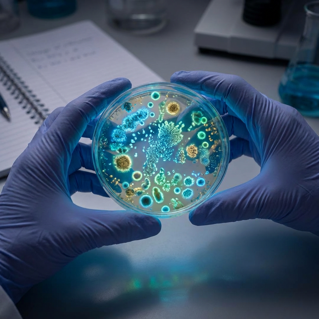 Gloved hands holding a petri dish with glowing blue and gold bacterial colonies.