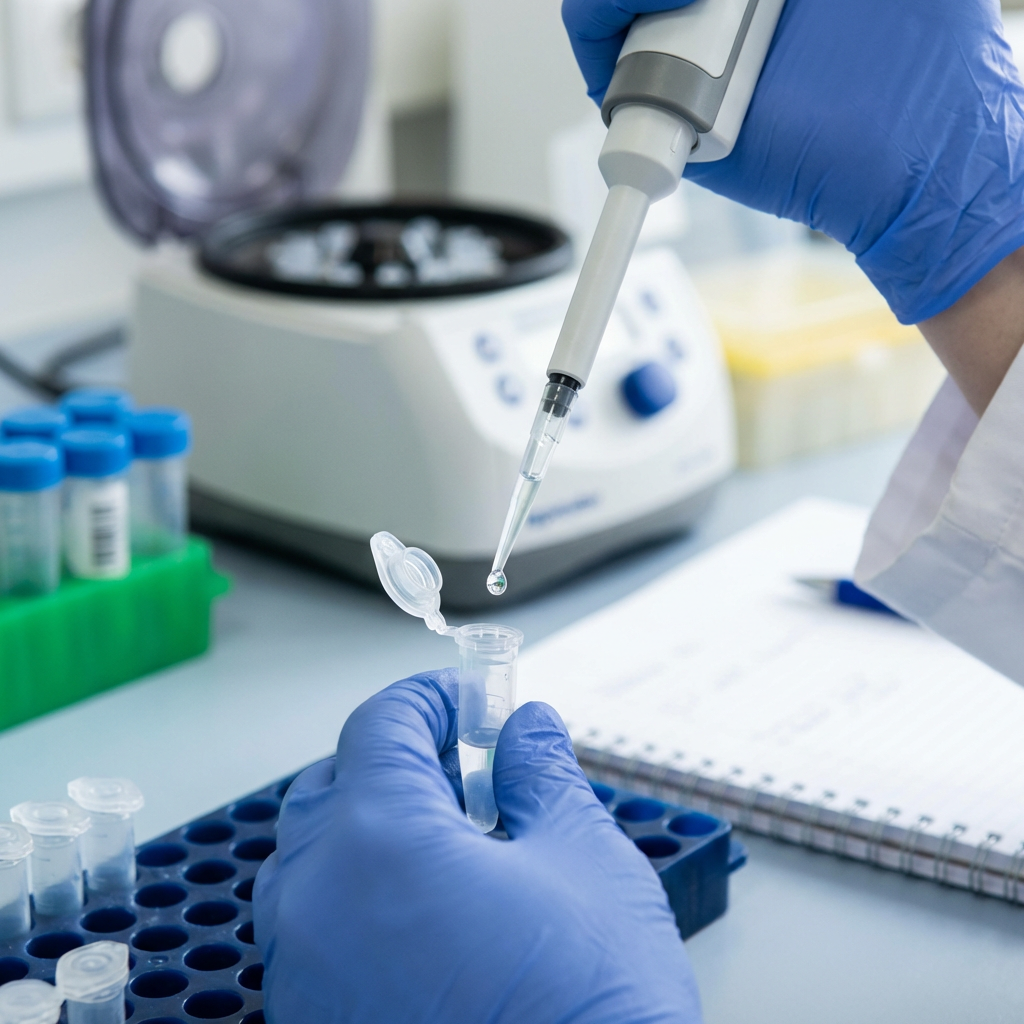 Researcher wearing blue gloves using a micropipette to fill a small centrifuge tube.