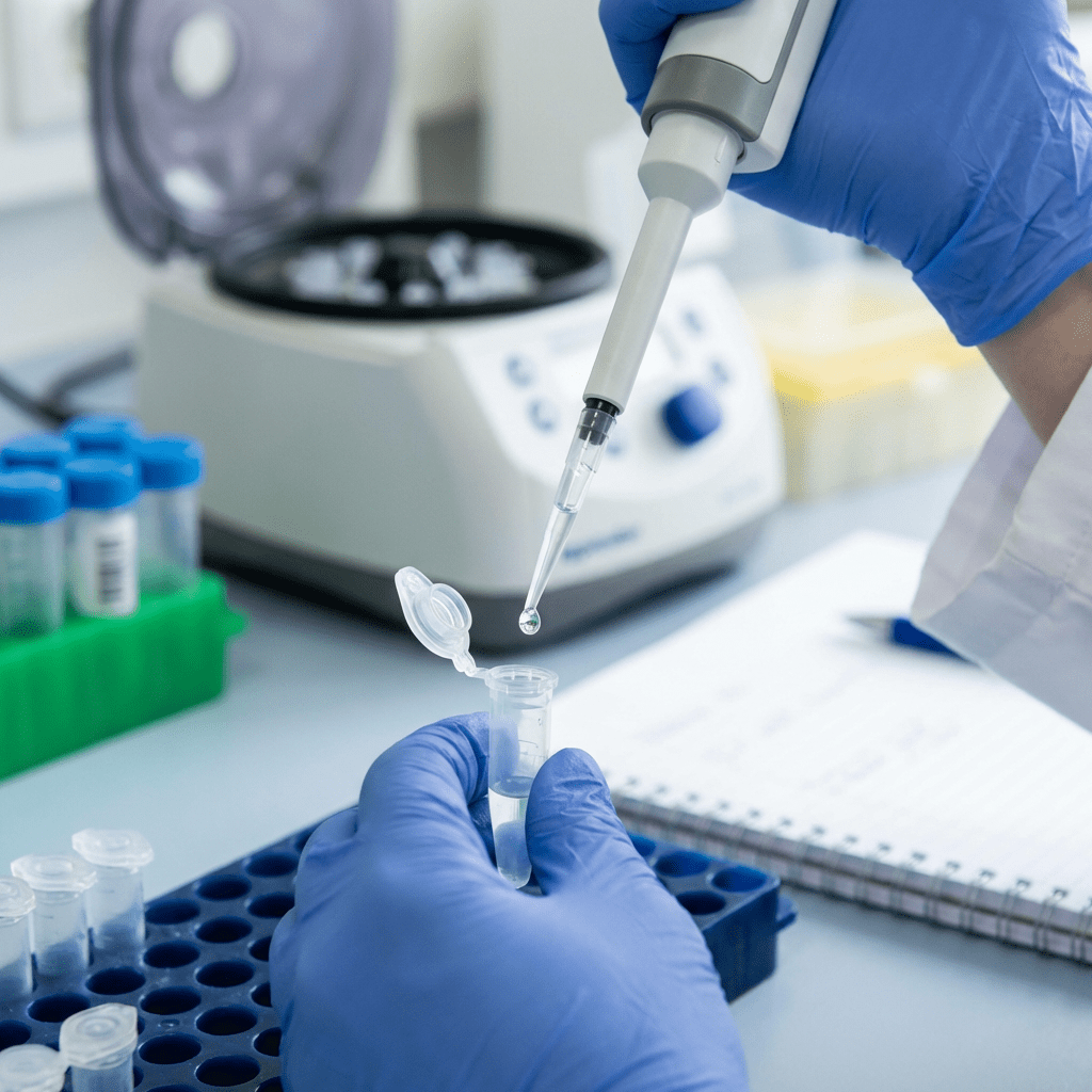 Researcher wearing blue gloves using a micropipette to fill a small centrifuge tube.
