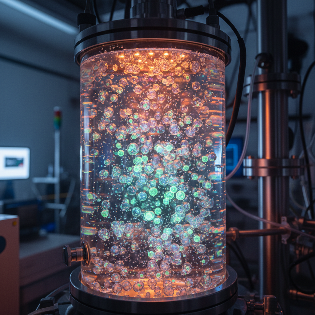 Close-up of a bioreactor containing vibrant, glowing bubbles in a laboratory setting.