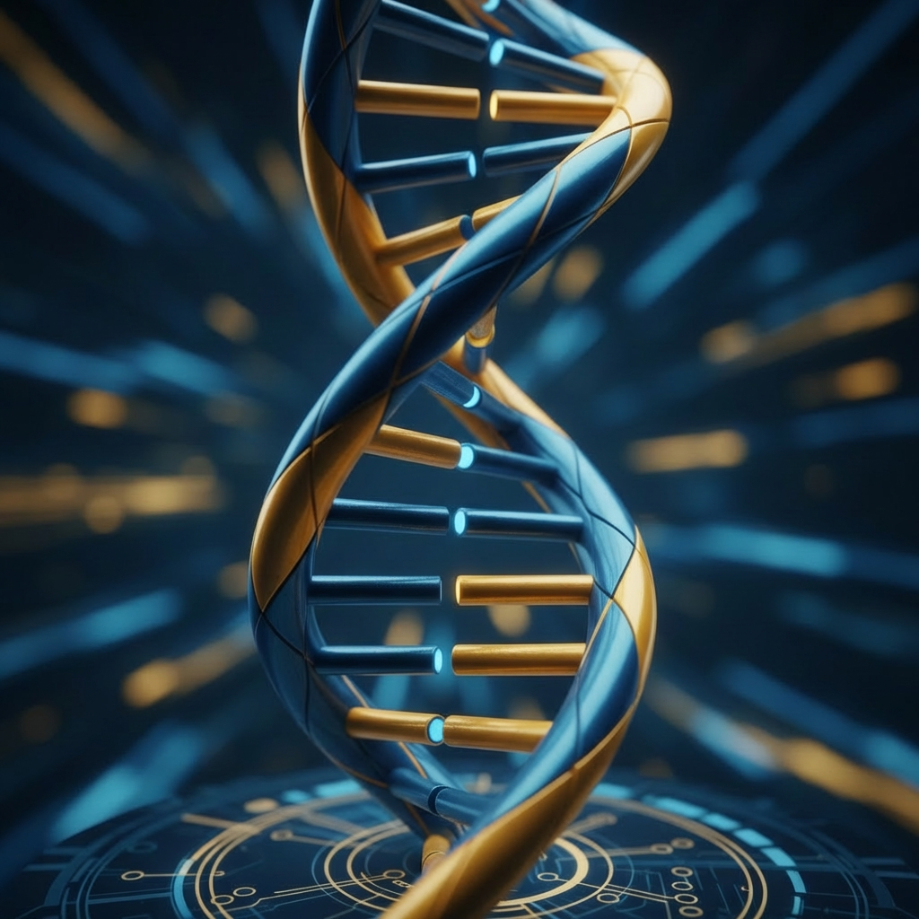 3D rendering of a double helix DNA molecule in blue and gold on a dark background.