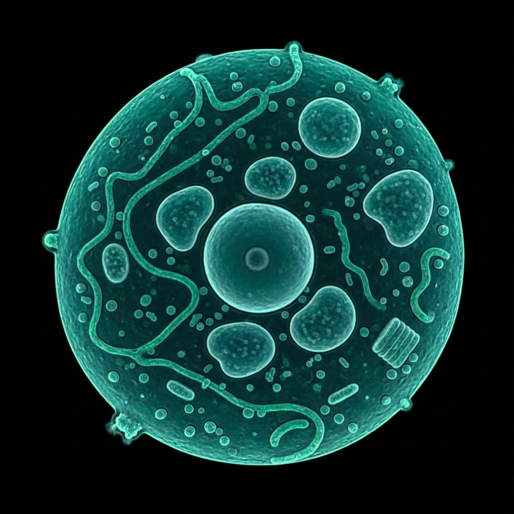 High-resolution structural view of a spherical cell Microscopic view of a spherical cell showing internal organelles and a two-micrometer scale bar.