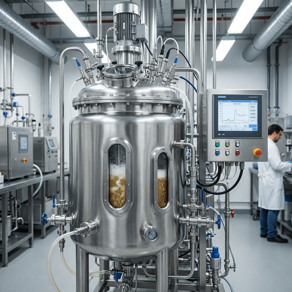 Large stainless steel bioreactor with control panel and internal sight windows showing bubbling liquid.