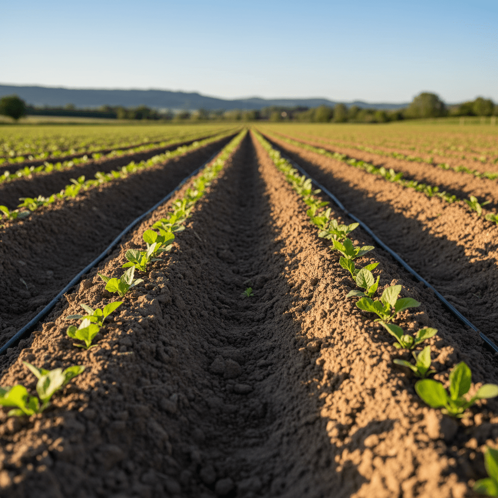 Symmetrical rows of young green plants with drip irrigation in a sunlit field.