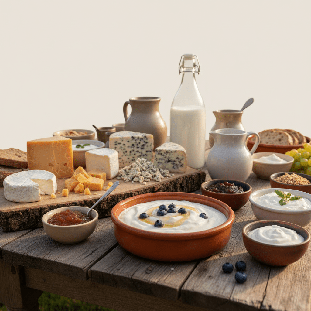 Rustic wooden table set with artisan cheeses, yogurt bowls, milk, and bread in a sunny garden.