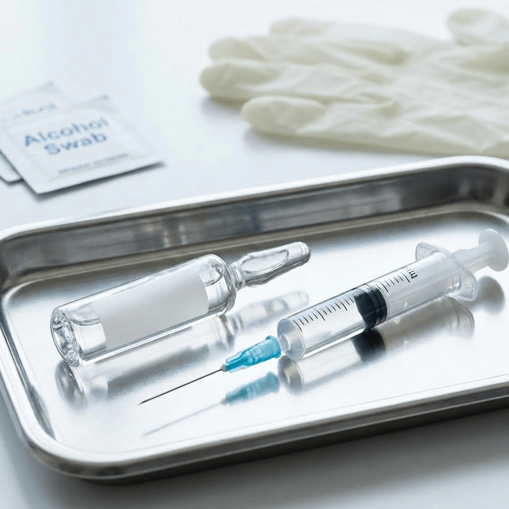 Syringe and glass vial labeled ANTIBODY TREATMENT - 5 ML on a sterile metal tray.