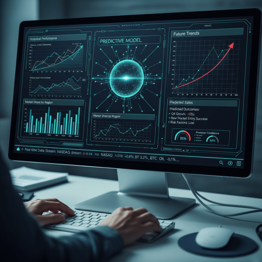 Dashboard displaying Historical Performance, Predictive Model, Future Trends, and real-time market data.