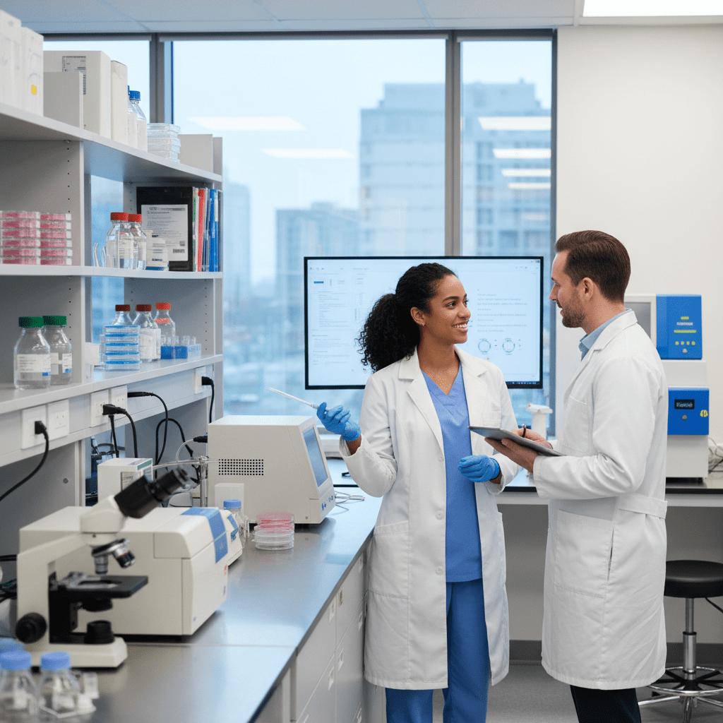 Two researchers in white lab coats discussing data in a modern scientific laboratory setting.