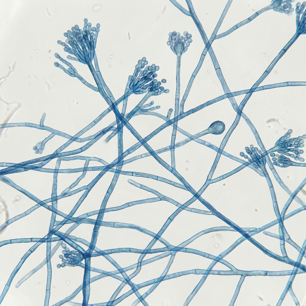 Microscopic view of Penicillium fungus with blue-stained branching hyphae and spore-producing conidiophores.