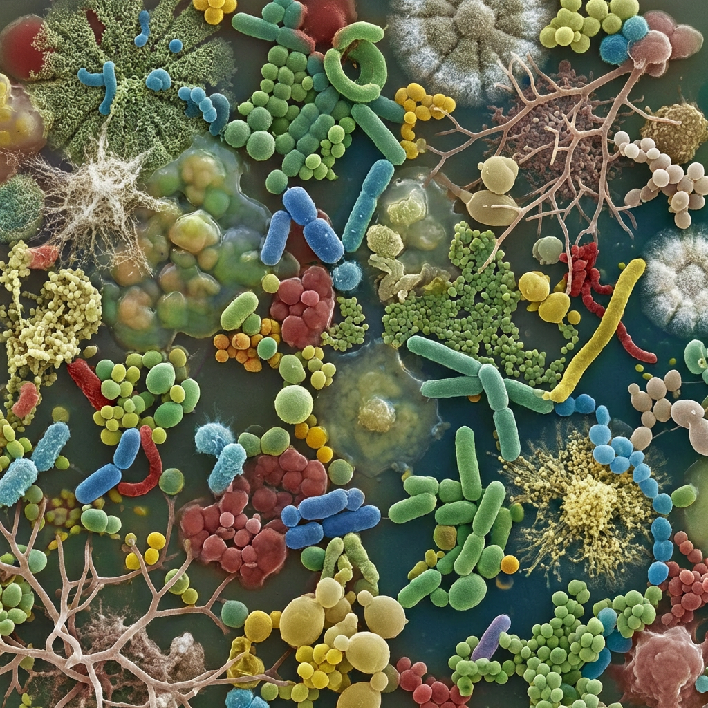 Highly detailed microscopic view of various colorful bacterial colonies and fungal structures.