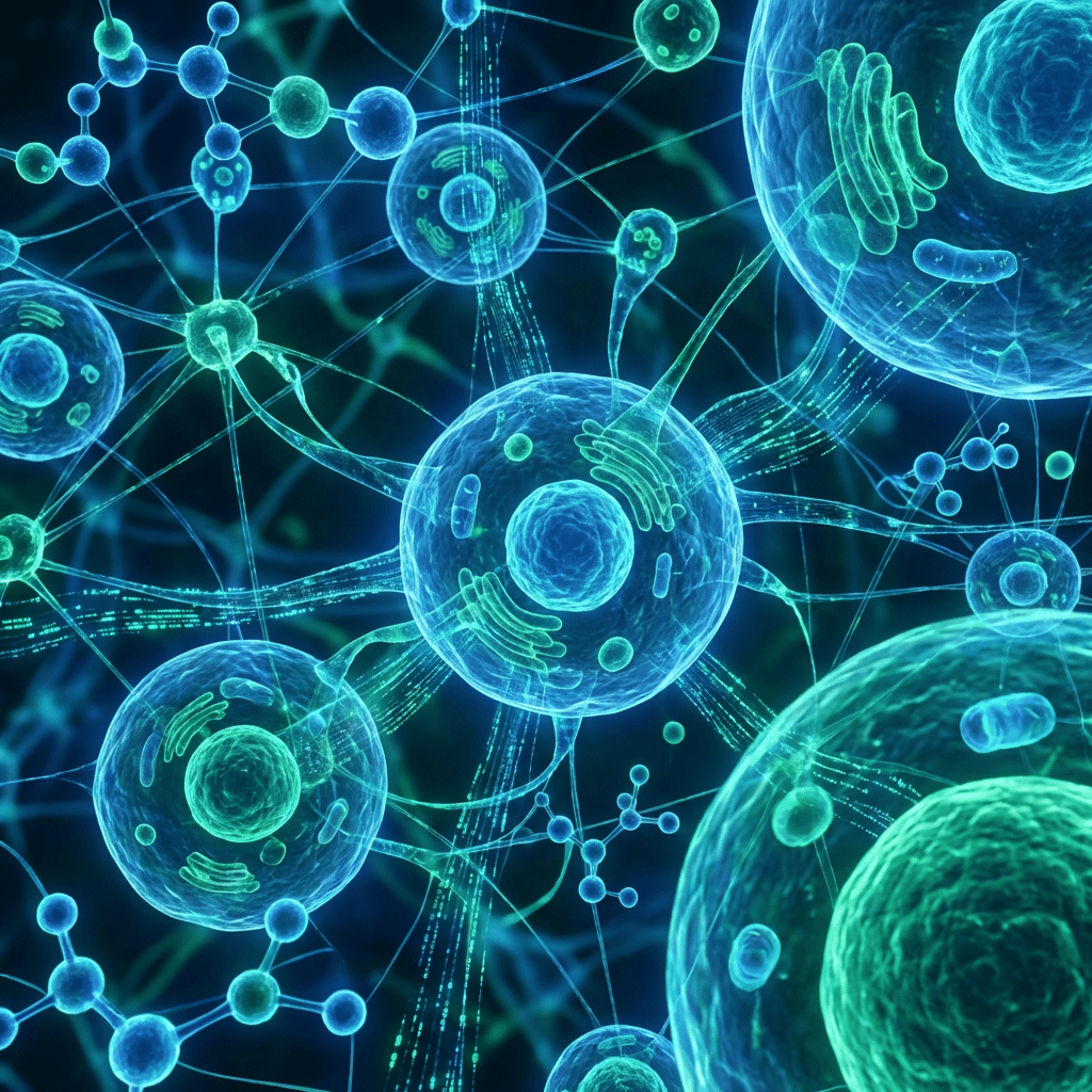 Stylized glowing biological cells connected by an intricate network of blue and green fibers.
